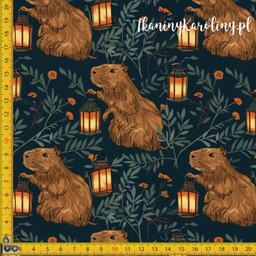 TKANINA WODOODPORNA OXFORD - Kapibary, latarenki na ciemnym tle [6-8]