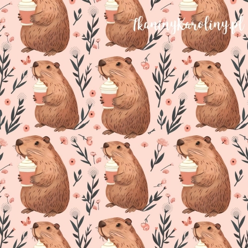 WELUR TAPICERSKI - Kapibary z kubkami gorącej czekolady w kwiatach [6-8]