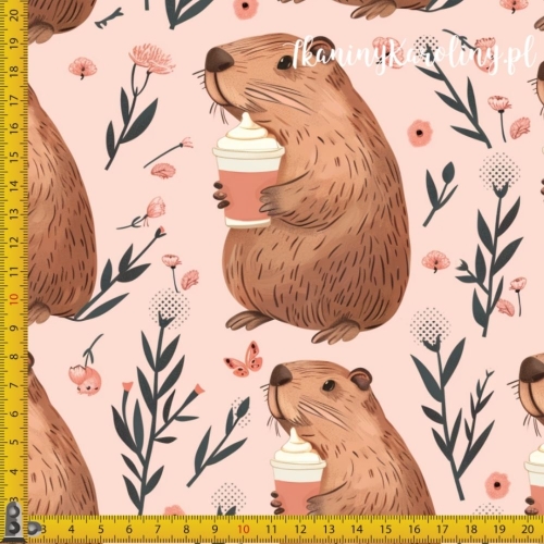 WELUR TAPICERSKI - Kapibary z kubkami gorącej czekolady w kwiatach [6-8]