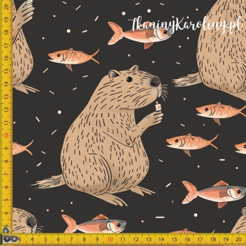 WELUR TAPICERSKI - Kapibary ze świeczkami, rybki na ciemnym tle [6-8]