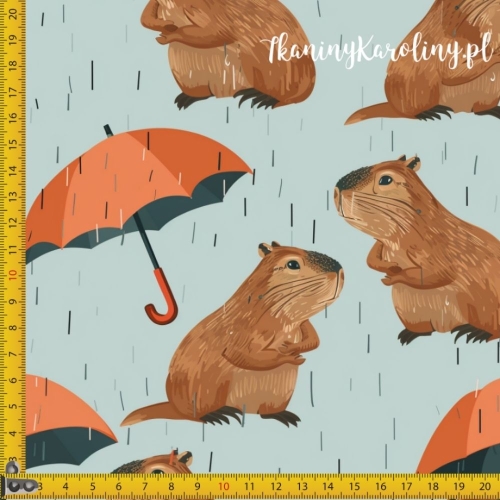 TKANINA WODOODPORNA OXFORD - Kapibary w deszczu na ciemniejszym tle [6-8]