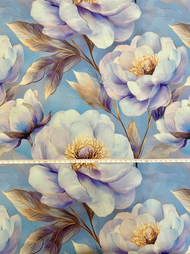 OD RĘKI - SOFTSHELL WODOODPORNY Piwonie perłowe 9 - fioletowe kwiaty na niebieskim tle , większe kwiaty