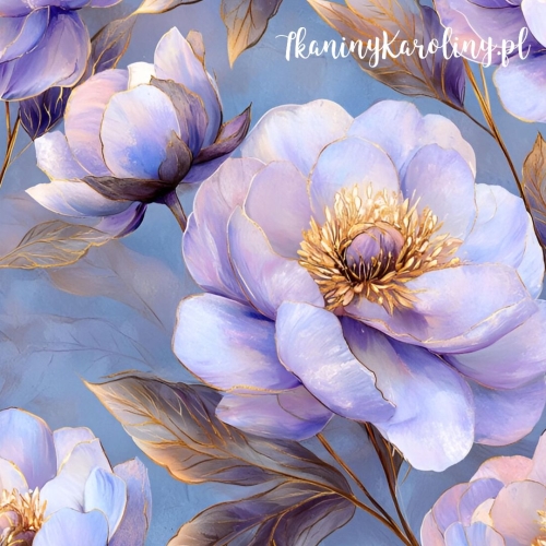 OD RĘKI - SOFTSHELL WODOODPORNY Piwonie perłowe 9 - fioletowe kwiaty na niebieskim tle , większe kwiaty