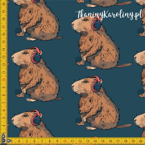 TKANINA WODOODPORNA OXFORD - Kapibary w słuchawkach na ciemnym tle [6-8]