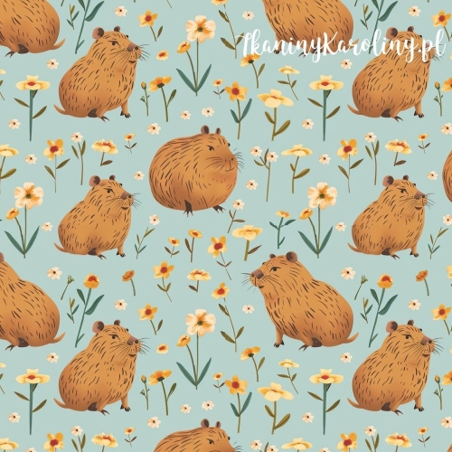 WELUR TAPICERSKI - Kapibary w kwiatach na miętowo-seledynowym tle [6-8]