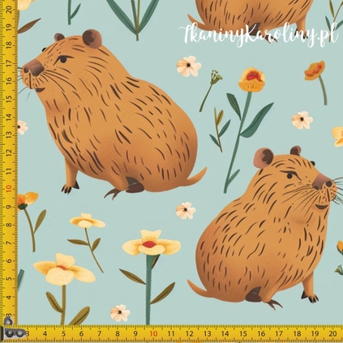 WELUR TAPICERSKI - Kapibary w kwiatach na miętowo-seledynowym tle [6-8]