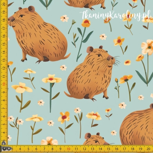 TKANINA WODOODPORNA OXFORD - Kapibary w kwiatach na miętowo-seledynowym tle [6-8]