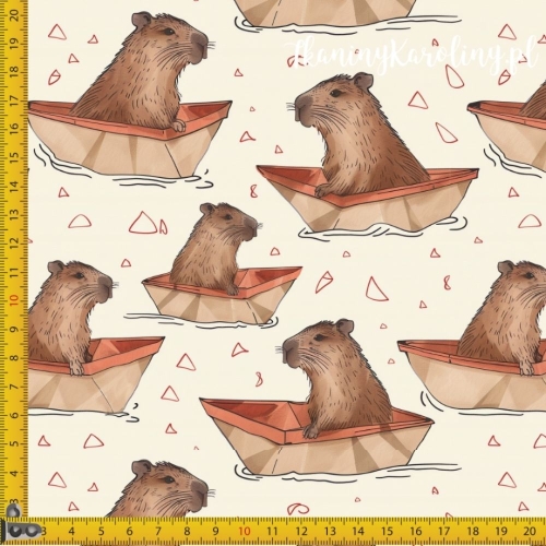 TKANINA WODOODPORNA OXFORD - Kapibary w łódkachna jasnym tle [6-8]