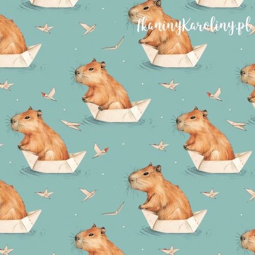 TKANINA WODOODPORNA OXFORD - Kapibary w łódkach, papierowe ptaki [6-8]