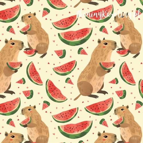 TKANINA WODOODPORNA OXFORD - Kapibara z arbuzami na jasnym tle [6-8]
