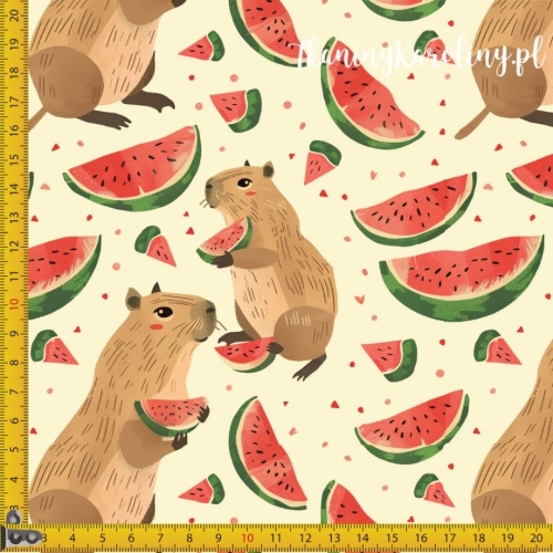 TKANINA WODOODPORNA OXFORD - Kapibara z arbuzami na jasnym tle [6-8]