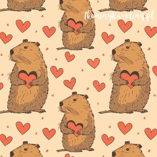 TKANINA WODOODPORNA OXFORD - Kapibara i serduszka [6-8]