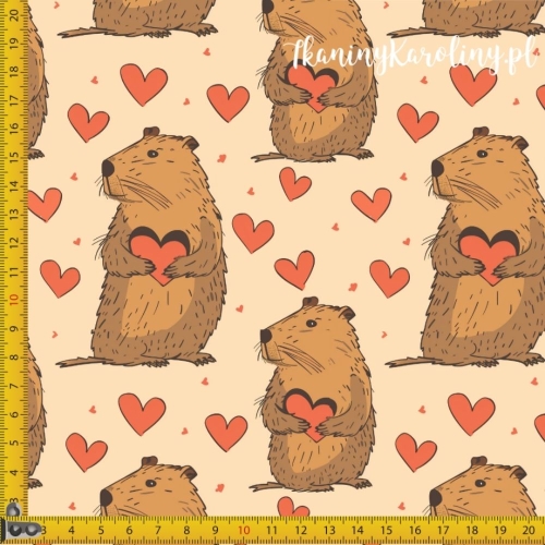 TKANINA WODOODPORNA OXFORD - Kapibara i serduszka [6-8]