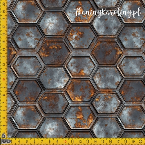 TKANINA WODOODPORNA OXFORD - Metal i rdza - heksagony [6-8]