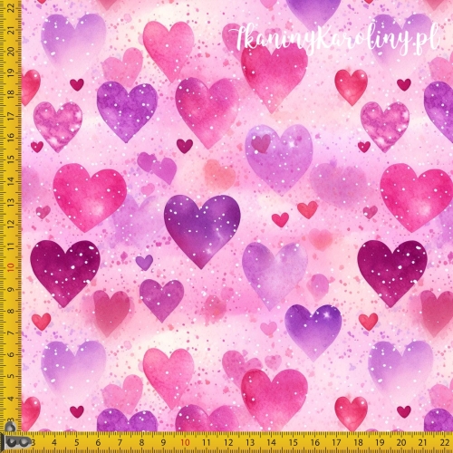 TKANINA WODOODPORNA OXFORD serduszka 8 - różowe i fioletowe na różowym tle