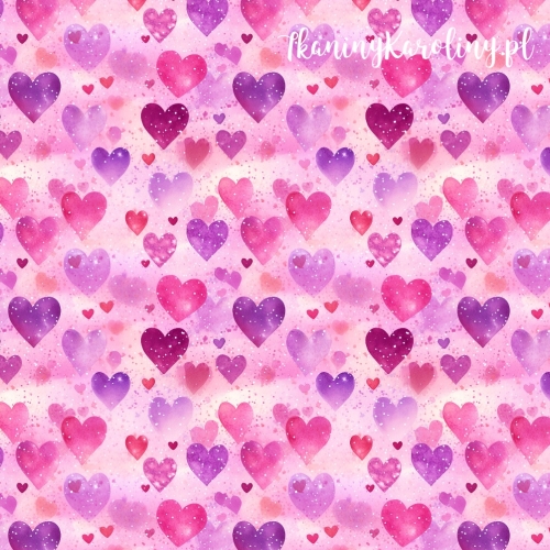 TKANINA WODOODPORNA OXFORD serduszka 8 - różowe i fioletowe na różowym tle