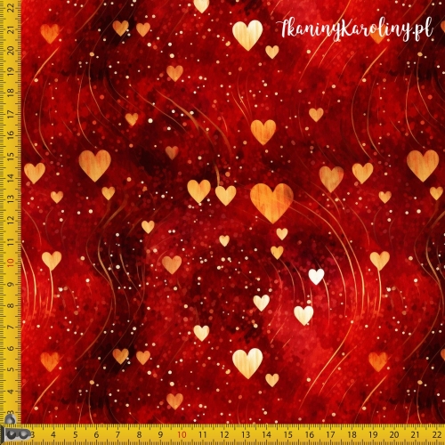TKANINA WODOODPORNA OXFORD serduszka 12 - złote na bordowym tle