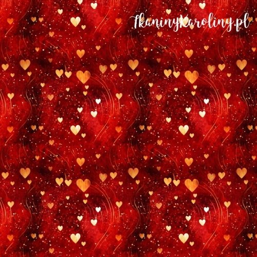 TKANINA WODOODPORNA OXFORD serduszka 12 - złote na bordowym tle