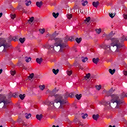 TKANINA WODOODPORNA OXFORD serduszka 13 - kolorowe na różowym tle