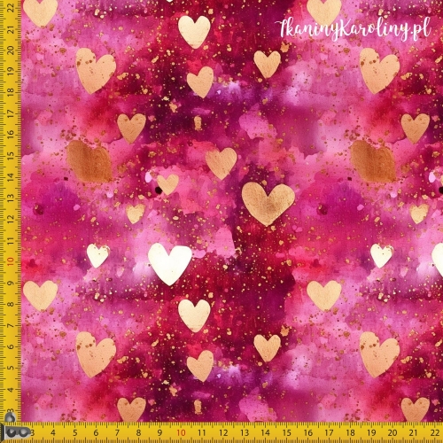 TKANINA WODOODPORNA OXFORD serduszka 14 - złote i białe na różowym tle