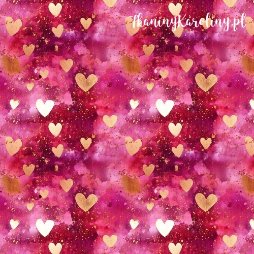 TKANINA WODOODPORNA OXFORD serduszka 14 - złote i białe na różowym tle