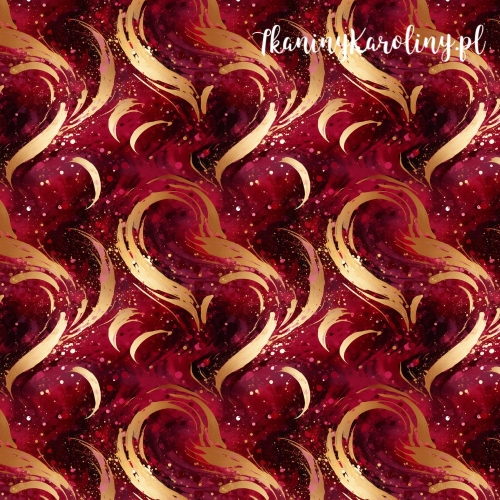 TKANINA WODOODPORNA OXFORD serduszka 20 - złote rozmazane serca na bordowym tle