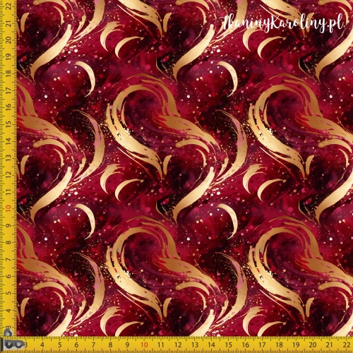 TKANINA WODOODPORNA OXFORD serduszka 20 - złote rozmazane serca na bordowym tle