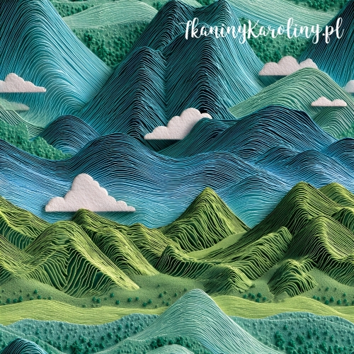 TKANINA WODOODPORNA OXFORD Góry 3D 1 - Zielone z chmurami
