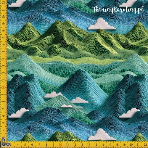 TKANINA WODOODPORNA OXFORD Góry 3D 1 - Zielone z chmurami