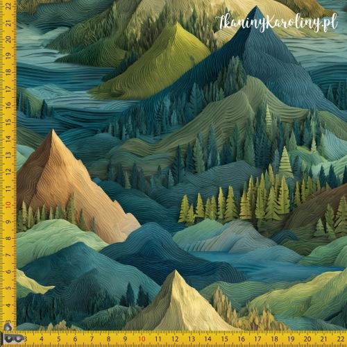 TKANINA WODOODPORNA OXFORD Góry 3D 11 - Zielone z lasem