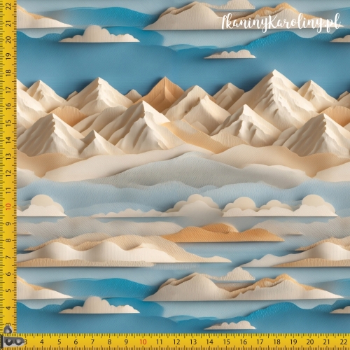 TKANINA WODOODPORNA OXFORD Góry 3D 14 - Kremowe z błękitnym niebem