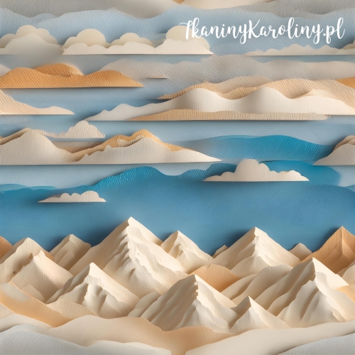 TKANINA WODOODPORNA OXFORD Góry 3D 14 - Kremowe z błękitnym niebem