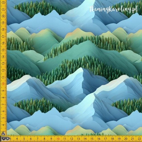 TKANINA WODOODPORNA OXFORD Góry 3D 18 - Zimowe z lasem zielonym