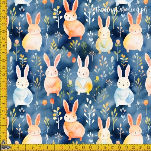 TKANINA WODOODPORNA OXFORD Zajączki 1 - pomarańczowe i białe na granatowym tle