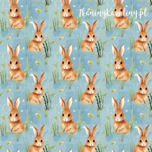 TKANINA WODOODPORNA OXFORD Zajączki 5 - brązowe w trawie na niebieskim tle