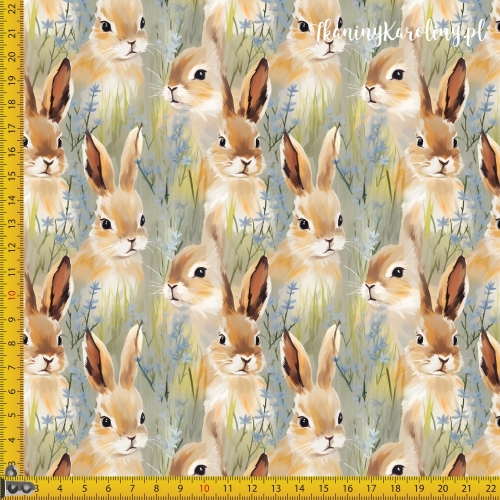 TKANINA WODOODPORNA OXFORD Zajączki 6 - brązowe w niebieskich kwiatach