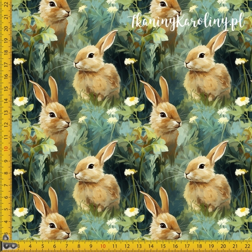 TKANINA WODOODPORNA OXFORD Zajączki 8 - brązowe w trawie z kwiatami