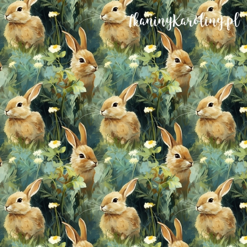 TKANINA WODOODPORNA OXFORD Zajączki 8 - brązowe w trawie z kwiatami