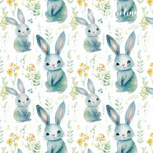 TKANINA WODOODPORNA OXFORD Zajączki 9 - niebieskie z żółtymi kwiatkami