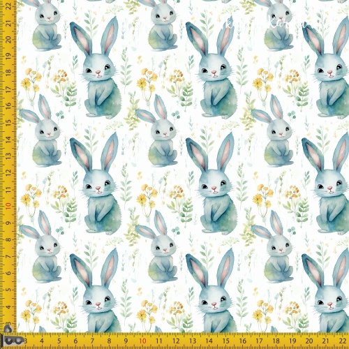 TKANINA WODOODPORNA OXFORD Zajączki 9 - niebieskie z żółtymi kwiatkami