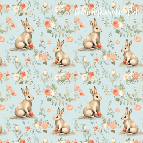 TKANINA WODOODPORNA OXFORD Zajączki 11 - brązowe z różami na niebieskim tle