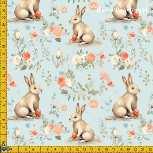 TKANINA WODOODPORNA OXFORD Zajączki 11 - brązowe z różami na niebieskim tle