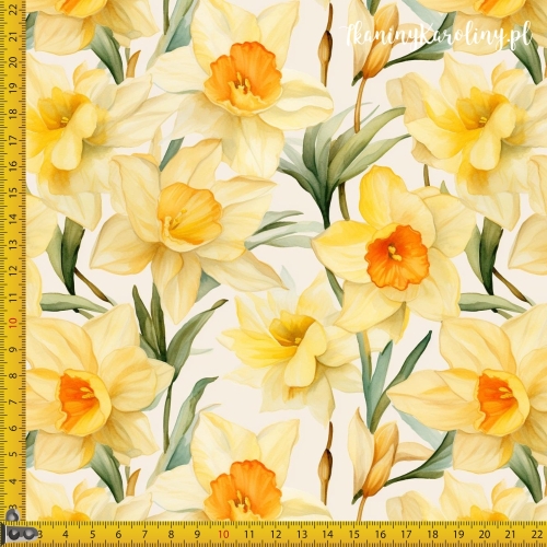 TKANINA WODOODPORNA OXFORD Żonkile 2 - pomarańczowe z liśćmi