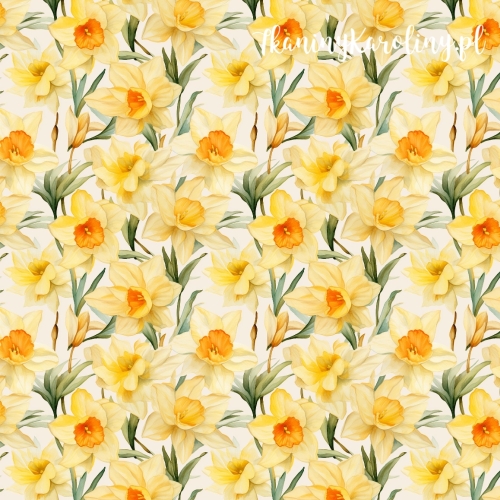 TKANINA WODOODPORNA OXFORD Żonkile 2 - pomarańczowe z liśćmi