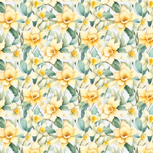 TKANINA WODOODPORNA OXFORD Żonkile 7 - żółte z liśćmi na białym tle