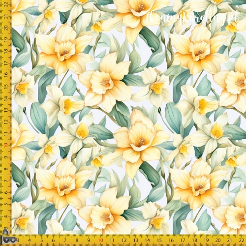 TKANINA WODOODPORNA OXFORD Żonkile 7 - żółte z liśćmi na białym tle