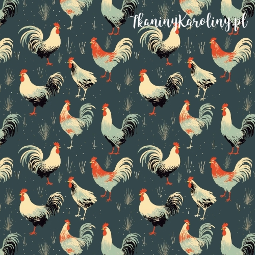 TKANINA WODOODPORNA OXFORD Koguty 1 - czerwono szare na ciemnym tle