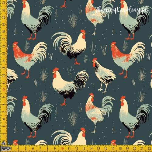 TKANINA WODOODPORNA OXFORD Koguty 1 - czerwono szare na ciemnym tle