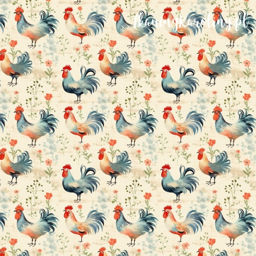 TKANINA WODOODPORNA OXFORD Koguty 3 - z szarymi piórami na beżowym tle z kwiatami