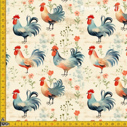 TKANINA WODOODPORNA OXFORD Koguty 3 - z szarymi piórami na beżowym tle z kwiatami